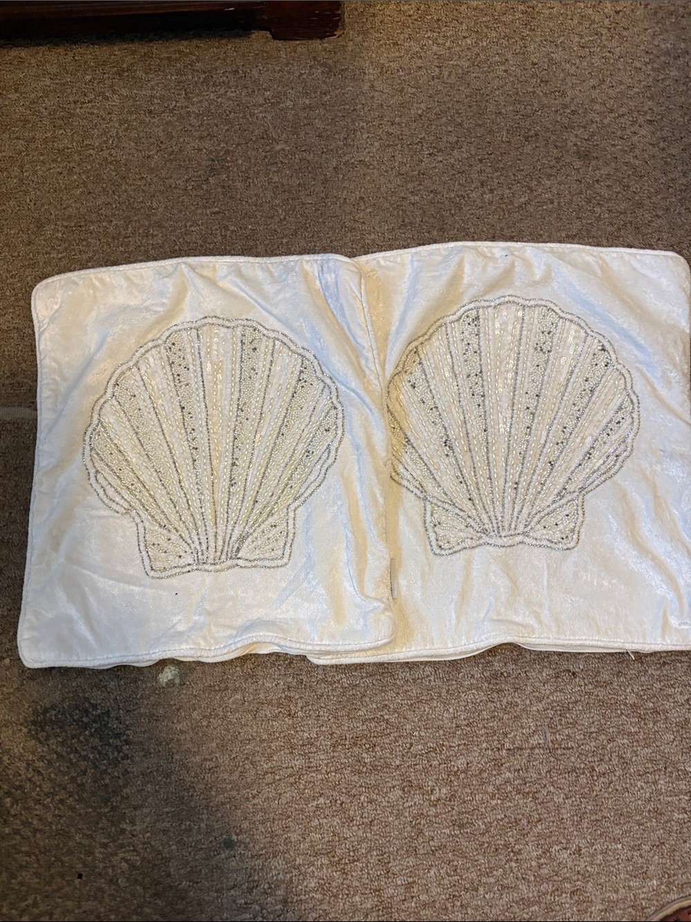 Beaded Shell Embroidered Accent Pillow Covers in White